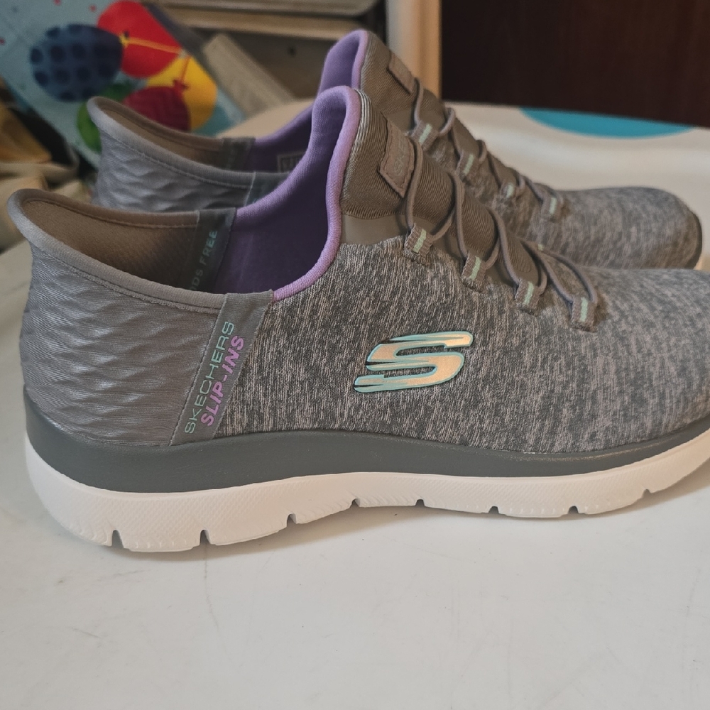 Skechers Gray Knit Slip-On Sneakers with Purple Lining